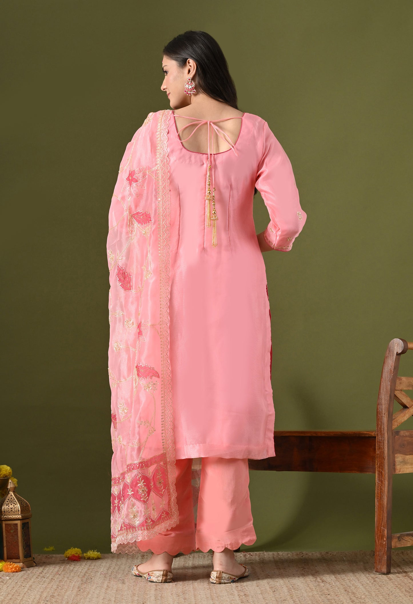Pink Tissue Organza & Crepe Zardozi–Pearl–Sequence Kurta Set