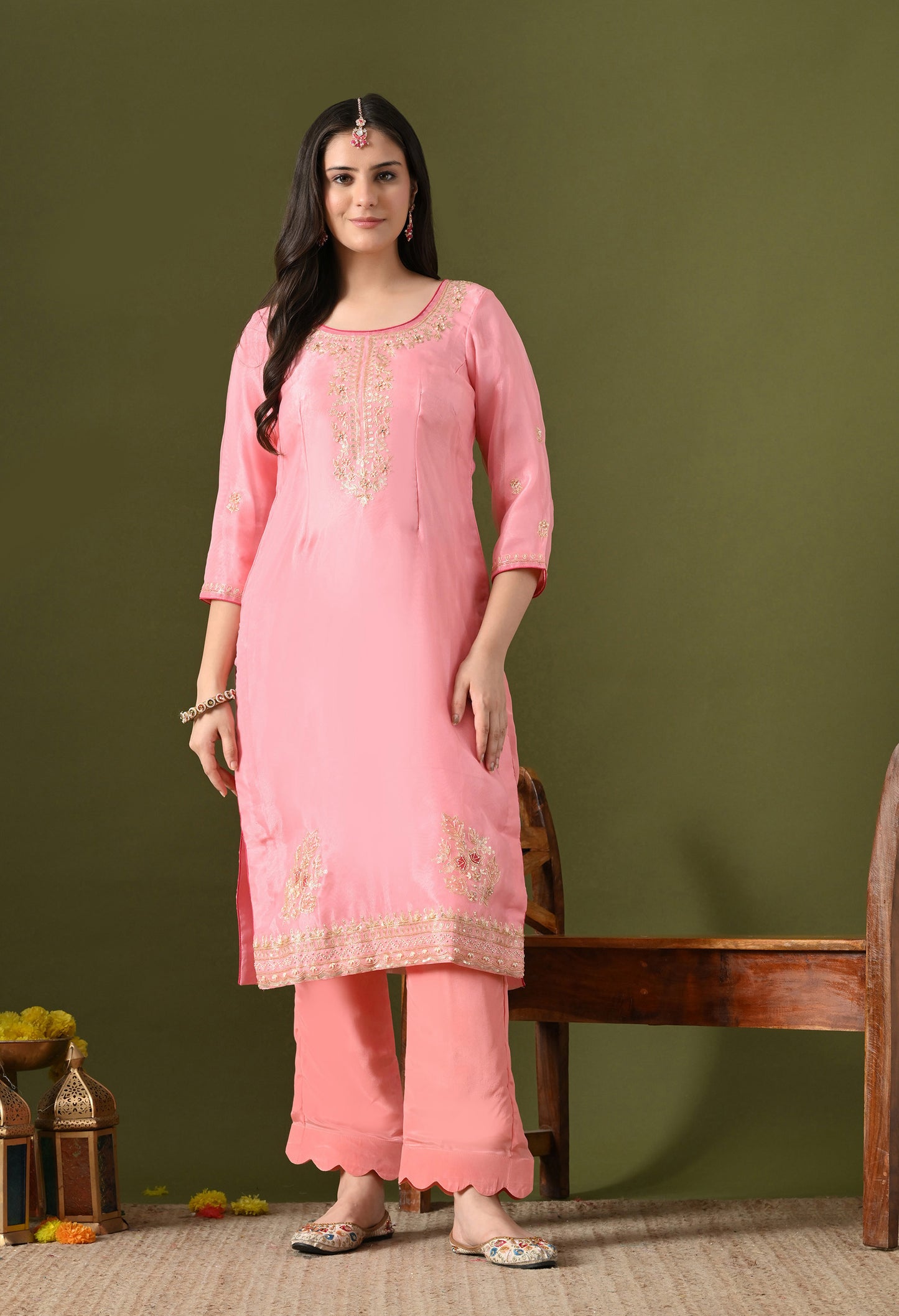 Pink Tissue Organza & Crepe Zardozi–Pearl–Sequence Kurta Set