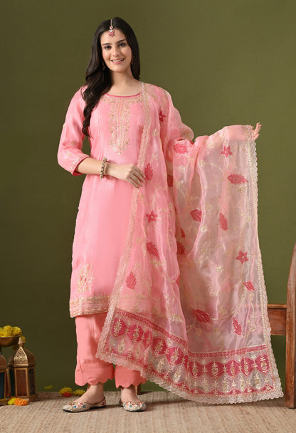 Pink Tissue Organza & Crepe Zardozi–Pearl–Sequence Kurta Set