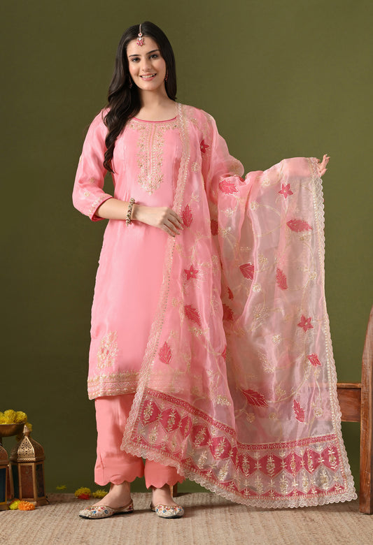 Pink Tissue Organza & Crepe Zardozi–Pearl–Sequence Kurta Set