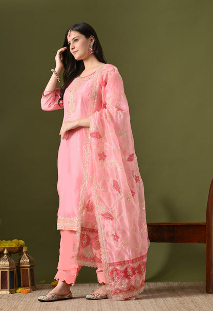 Pink Tissue Organza & Crepe Zardozi–Pearl–Sequence Kurta Set