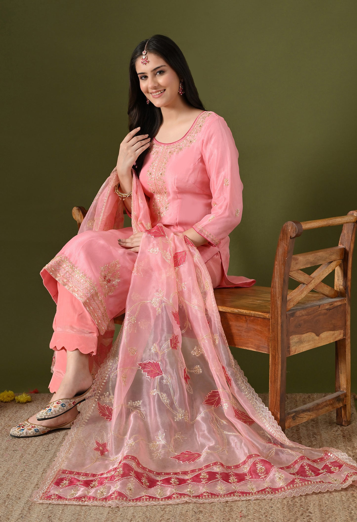 Pink Tissue Organza & Crepe Zardozi–Pearl–Sequence Kurta Set