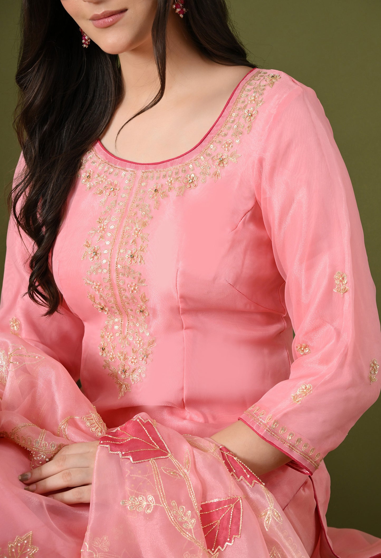 Pink Tissue Organza & Crepe Zardozi–Pearl–Sequence Kurta Set