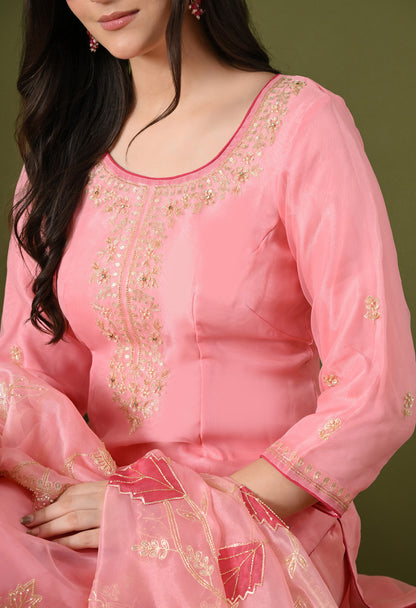 Pink Tissue Organza & Crepe Zardozi–Pearl–Sequence Kurta Set