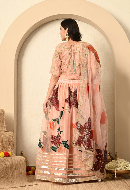 Dark Peach Lehenga Set with Hand Paint, Gotta, Zardozi, and Sequence Work