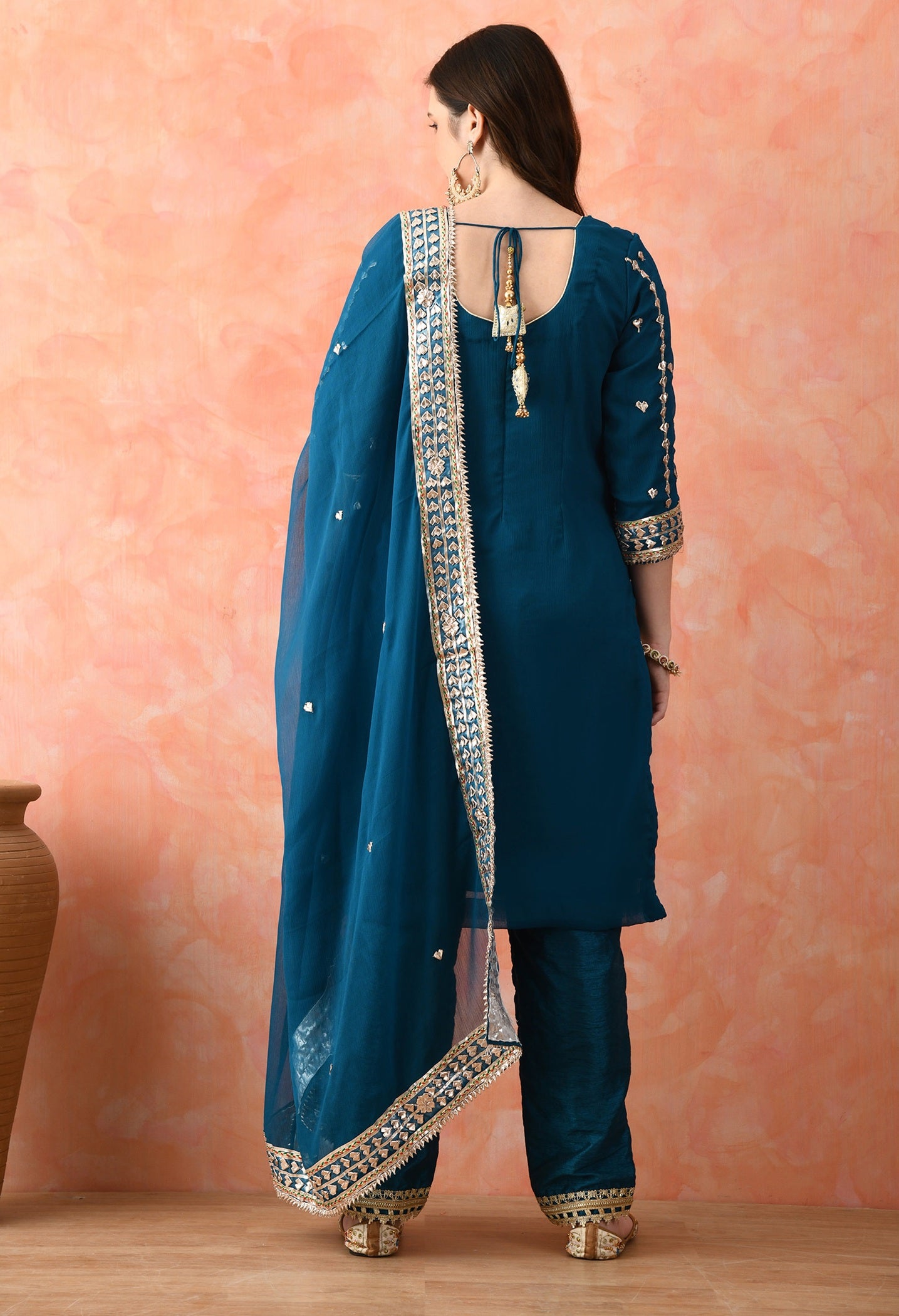 Bluish Green Chinon & Raw Silk Gotta Work Kurta Set