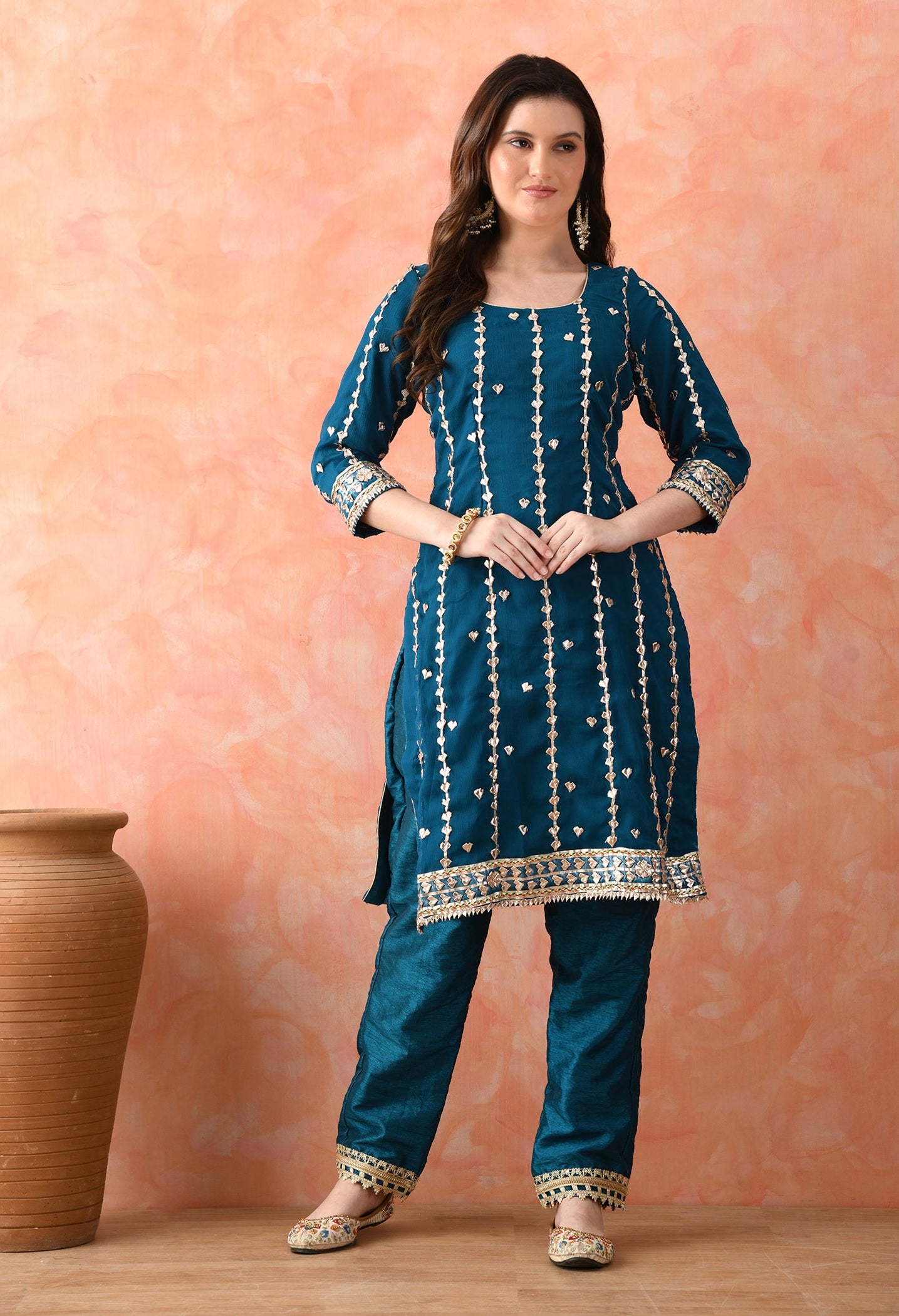 Bluish Green Chinon & Raw Silk Gotta Work Kurta Set