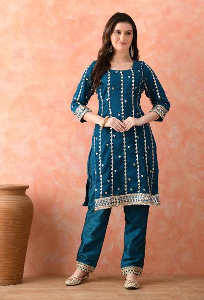 Bluish Green Chinon & Raw Silk Gotta Work Kurta Set