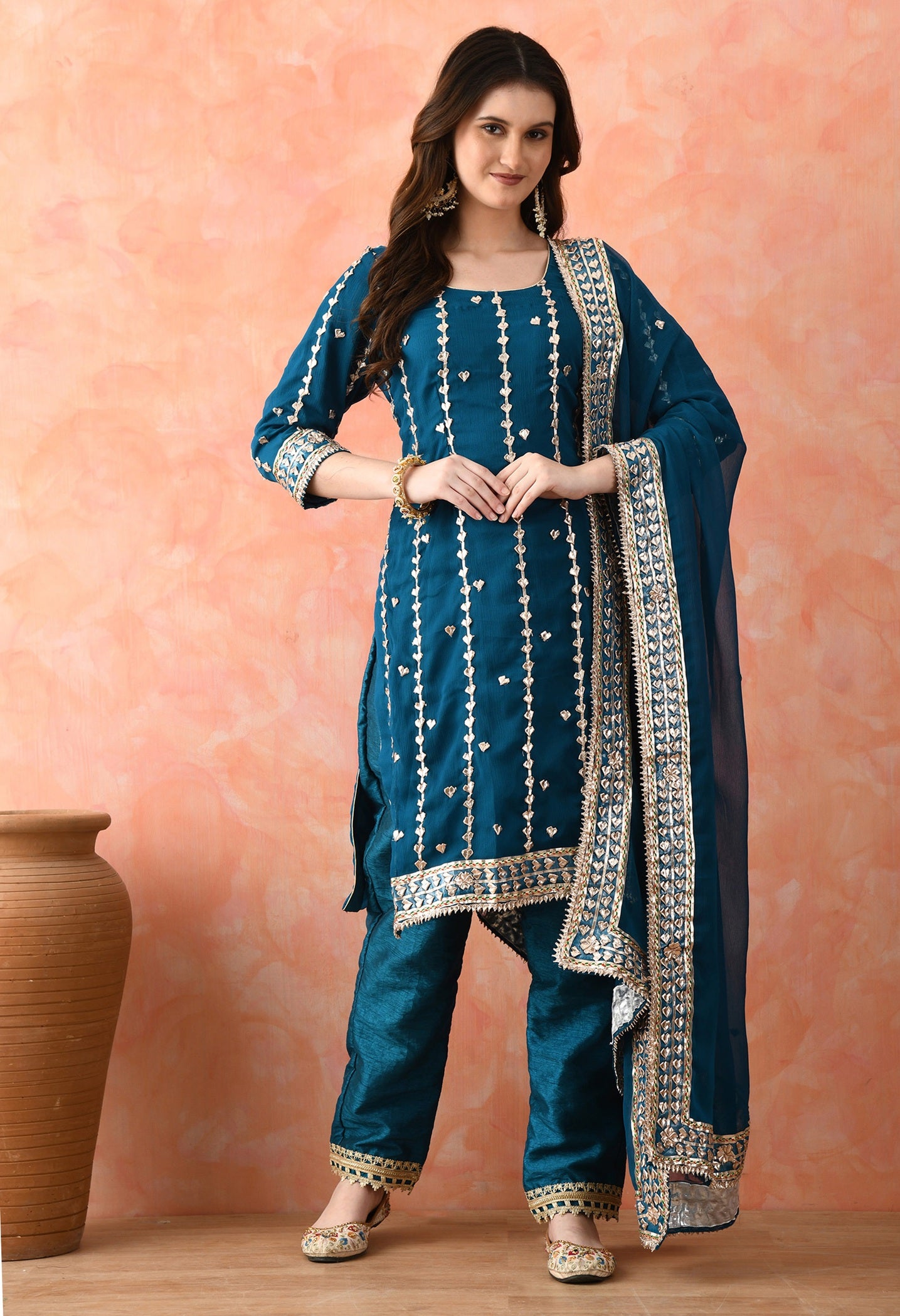 Bluish Green Chinon & Raw Silk Gotta Work Kurta Set