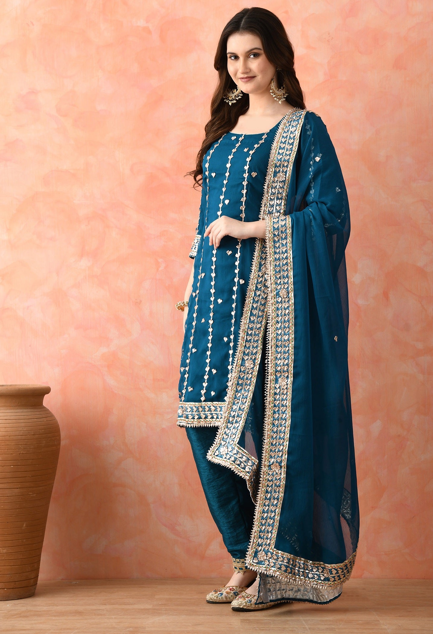 Bluish Green Chinon & Raw Silk Gotta Work Kurta Set