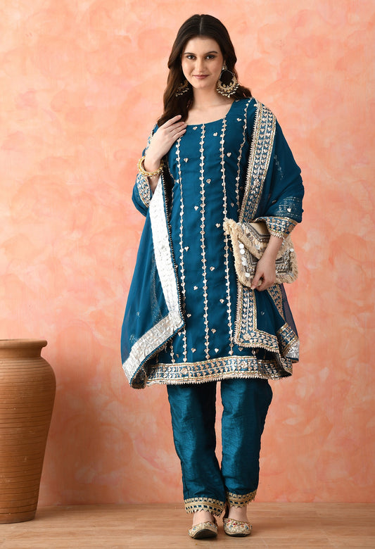 Bluish Green Chinon & Raw Silk Gotta Work Kurta Set