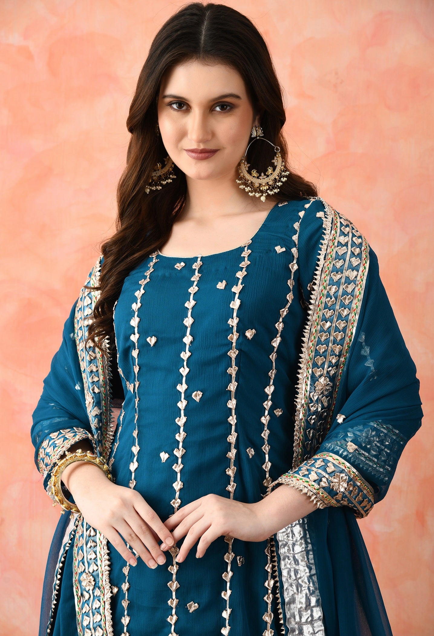 Bluish Green Chinon & Raw Silk Gotta Work Kurta Set