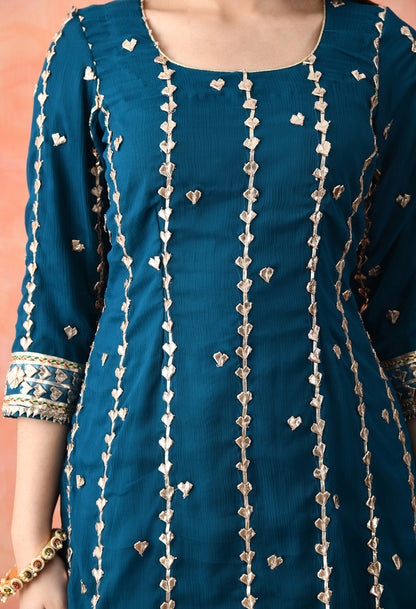 Bluish Green Chinon & Raw Silk Gotta Work Kurta Set