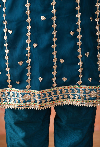 Bluish Green Chinon & Raw Silk Gotta Work Kurta Set