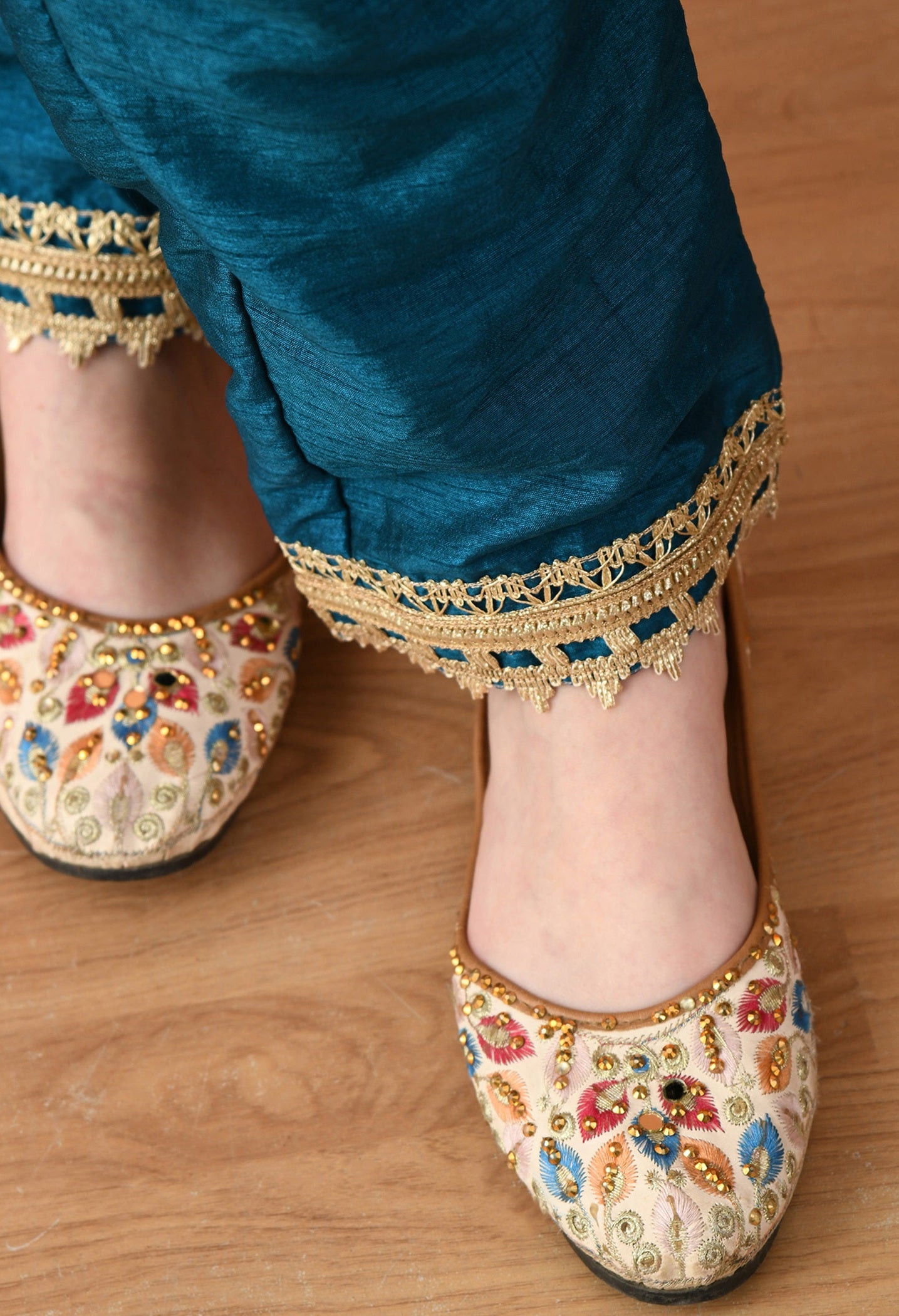 Bluish Green Chinon & Raw Silk Gotta Work Kurta Set
