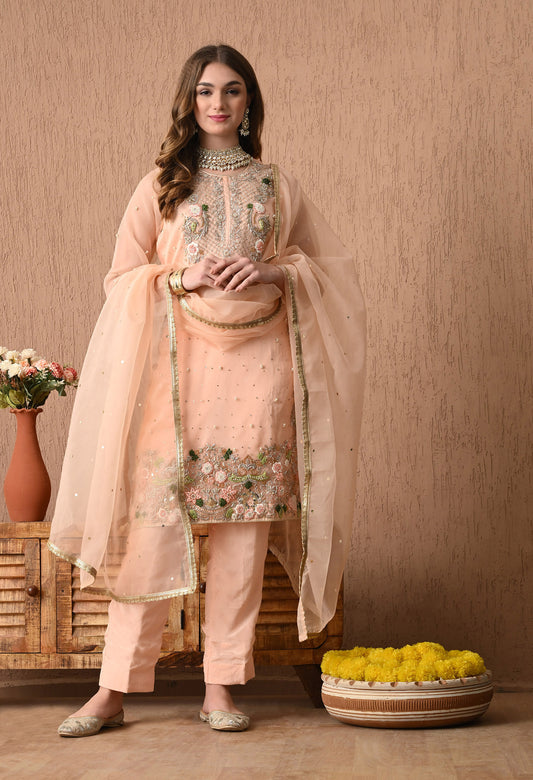 Beautifully Hand Crafted Pinkish Peach Kurta Set with Thread, Zardozi, Sequin, and Pearl Work
