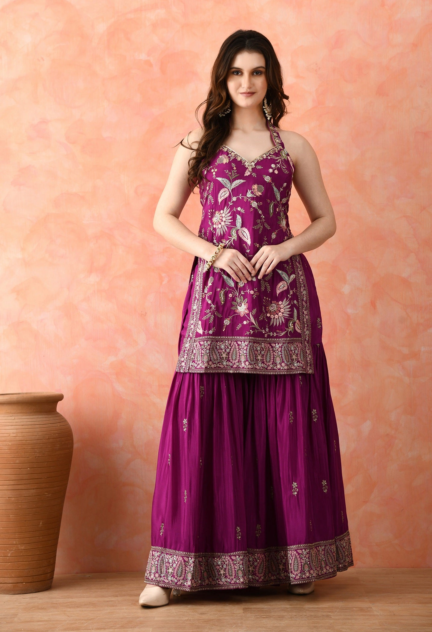 Purple Gharara Set with Zardozi & Thread Work