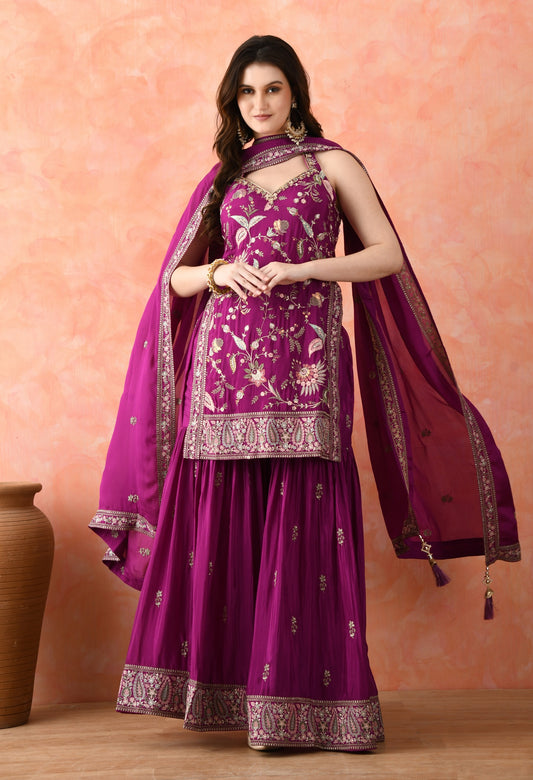 Purple Gharara Set with Zardozi & Thread Work