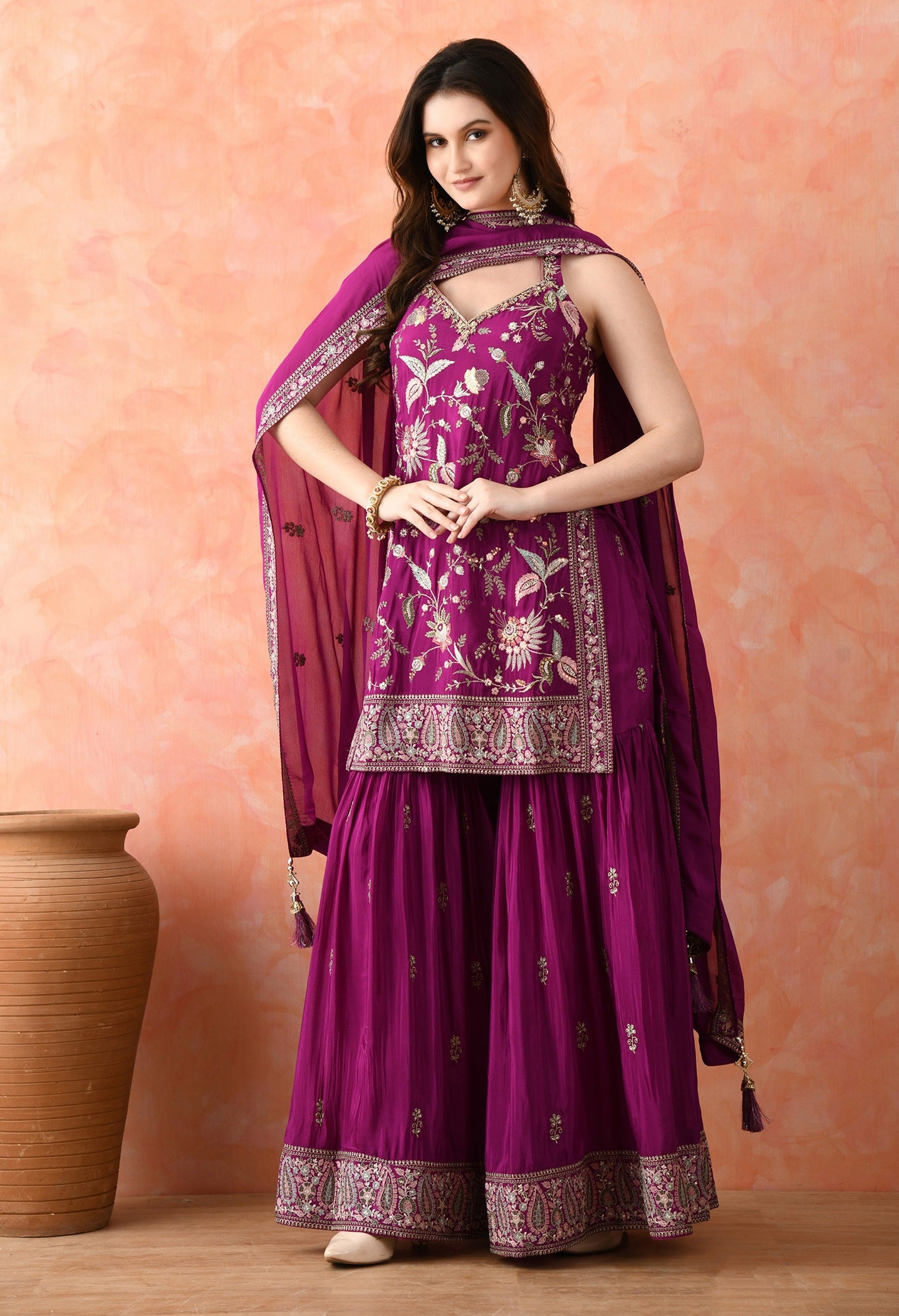 Purple Gharara Set with Zardozi & Thread Work