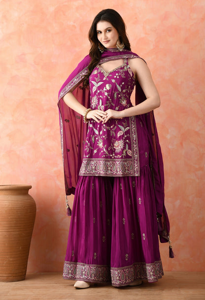 Purple Gharara Set with Zardozi & Thread Work