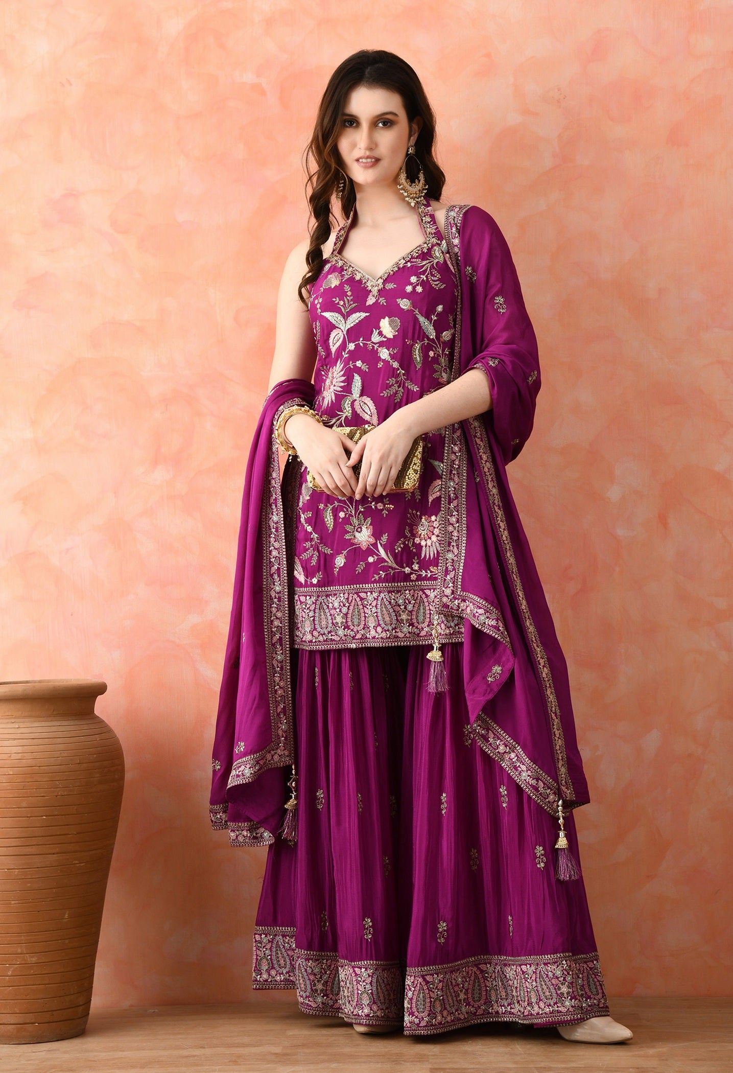 Purple Gharara Set with Zardozi & Thread Work