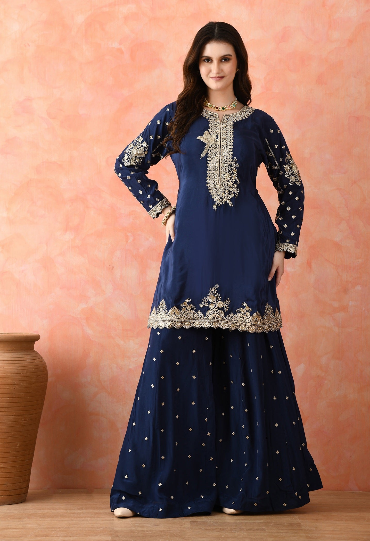 Blue Zardozi Crepe Sharara Set