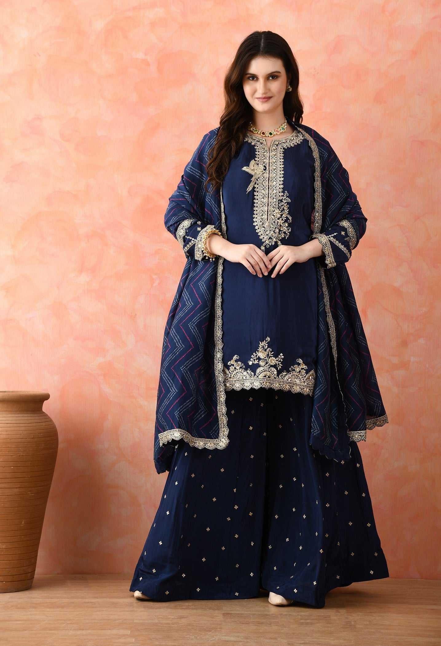 Blue Zardozi Crepe Sharara Set