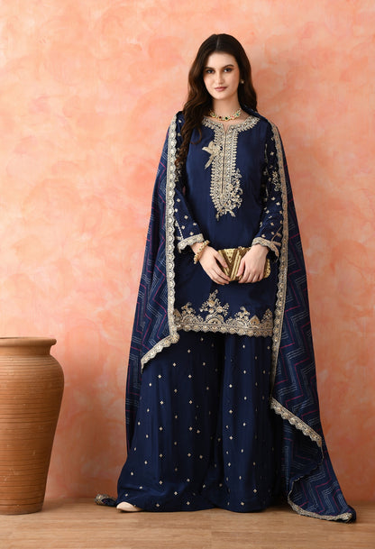Blue Zardozi Crepe Sharara Set