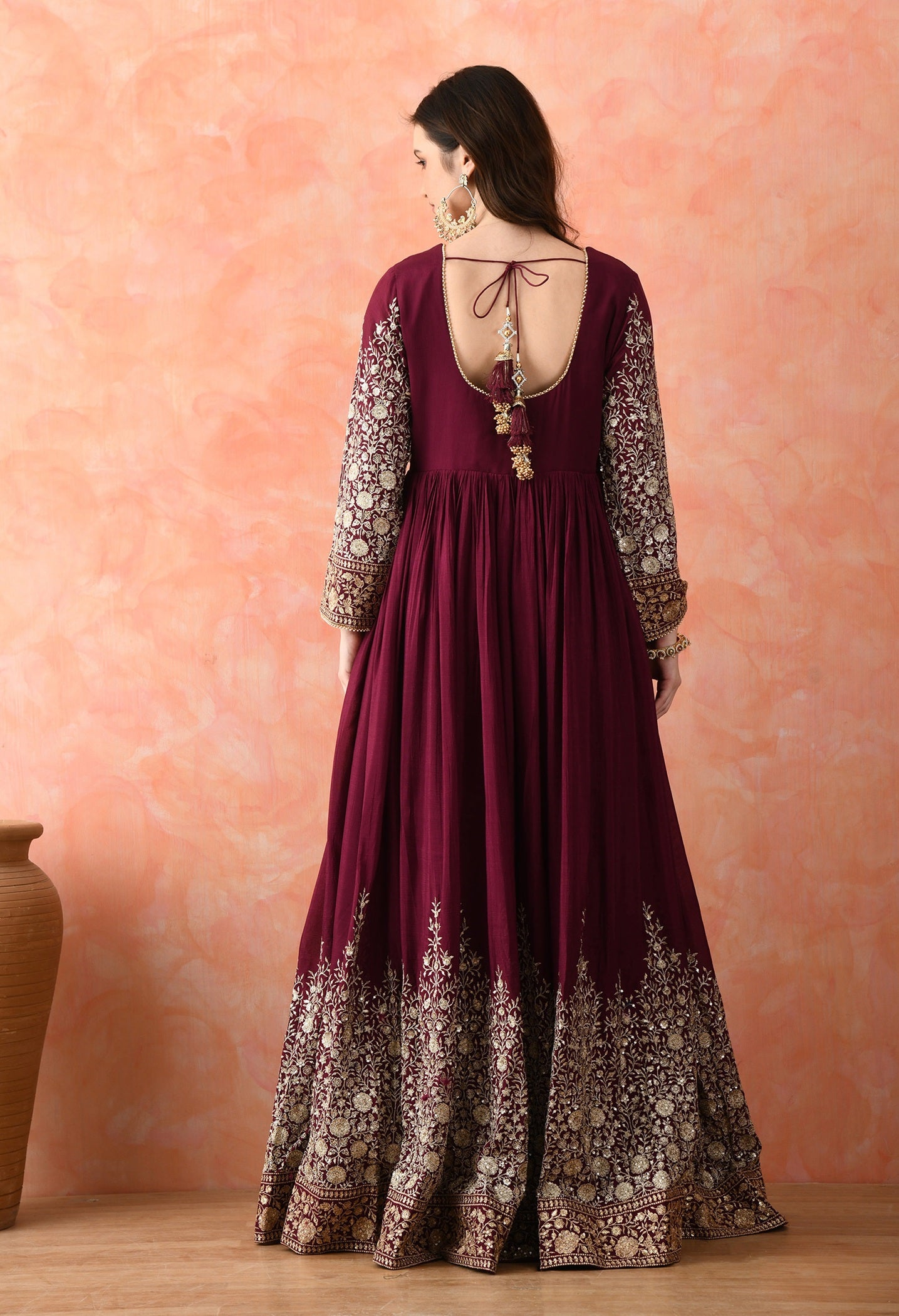 Wine Zardozi Chinon Anarkali Set