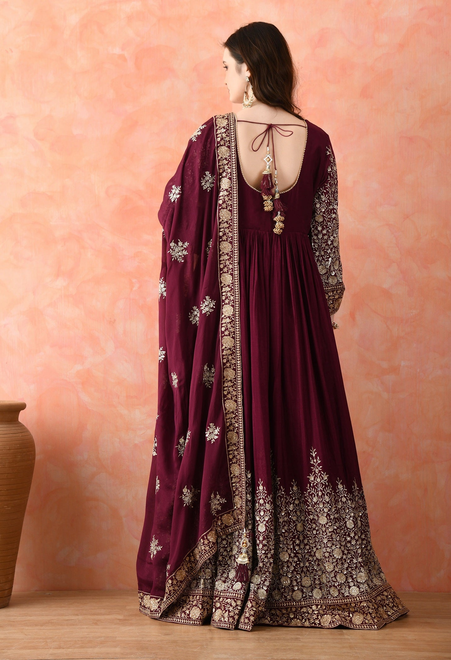 Wine Zardozi Chinon Anarkali Set