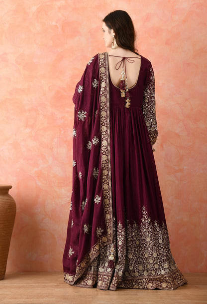 Wine Zardozi Chinon Anarkali Set