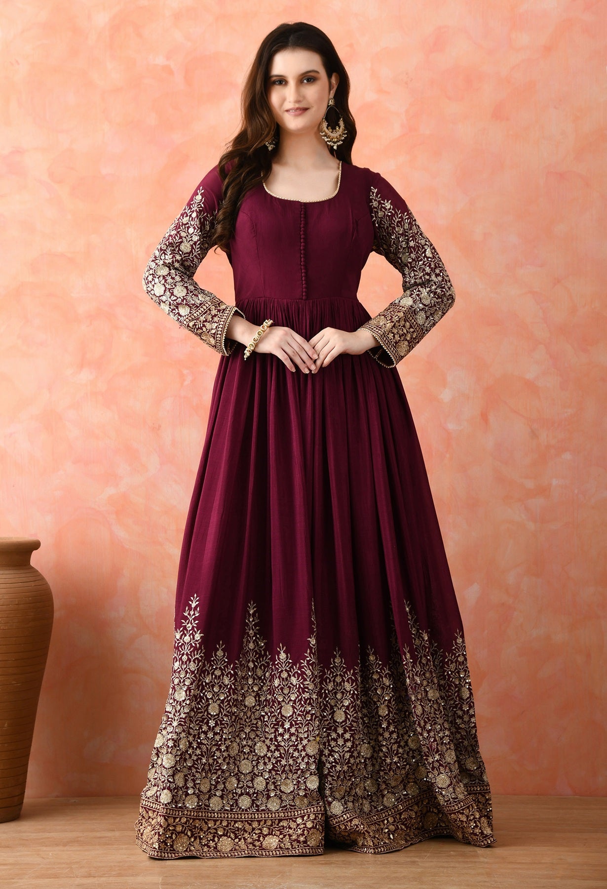 Wine Zardozi Chinon Anarkali Set