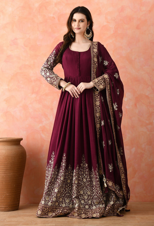 Wine Zardozi Chinon Anarkali Set