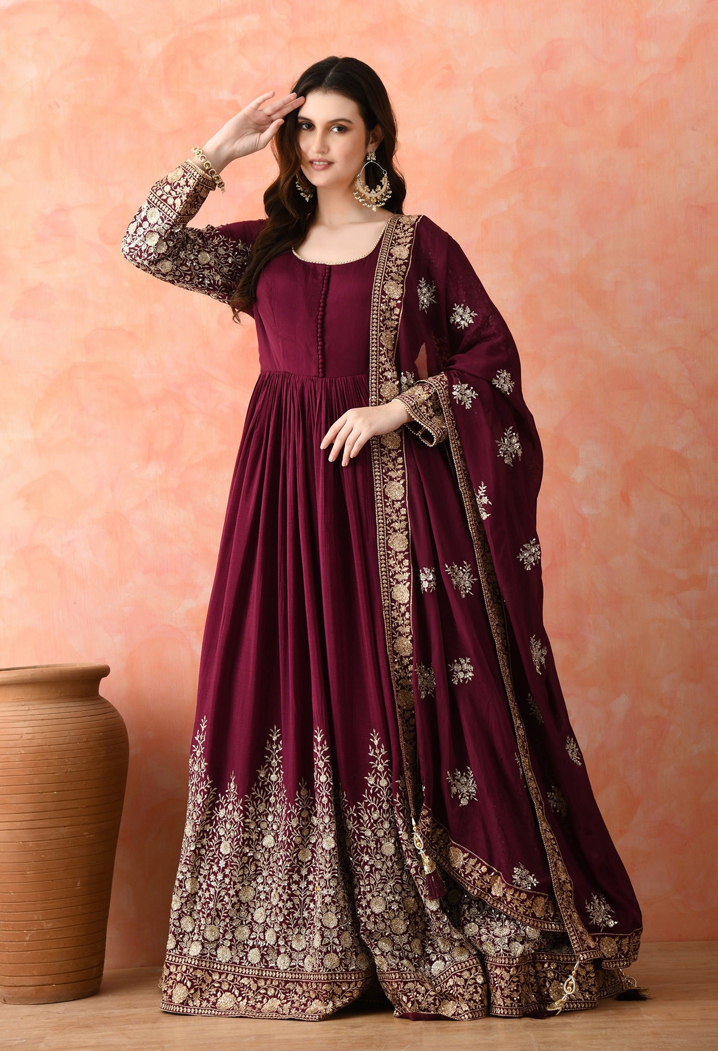 Wine Zardozi Chinon Anarkali Set