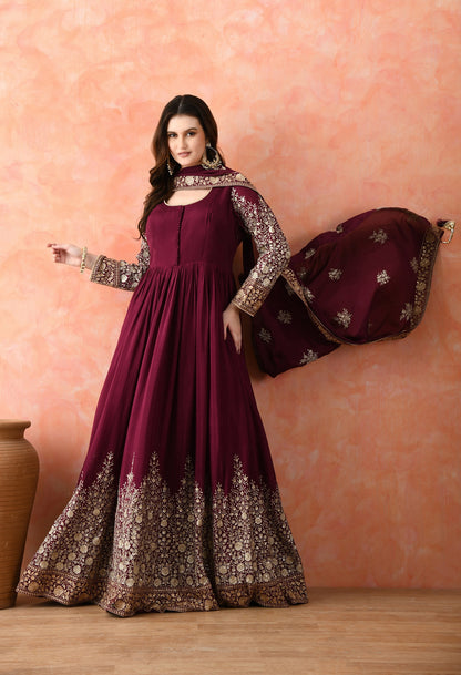 Wine Zardozi Chinon Anarkali Set