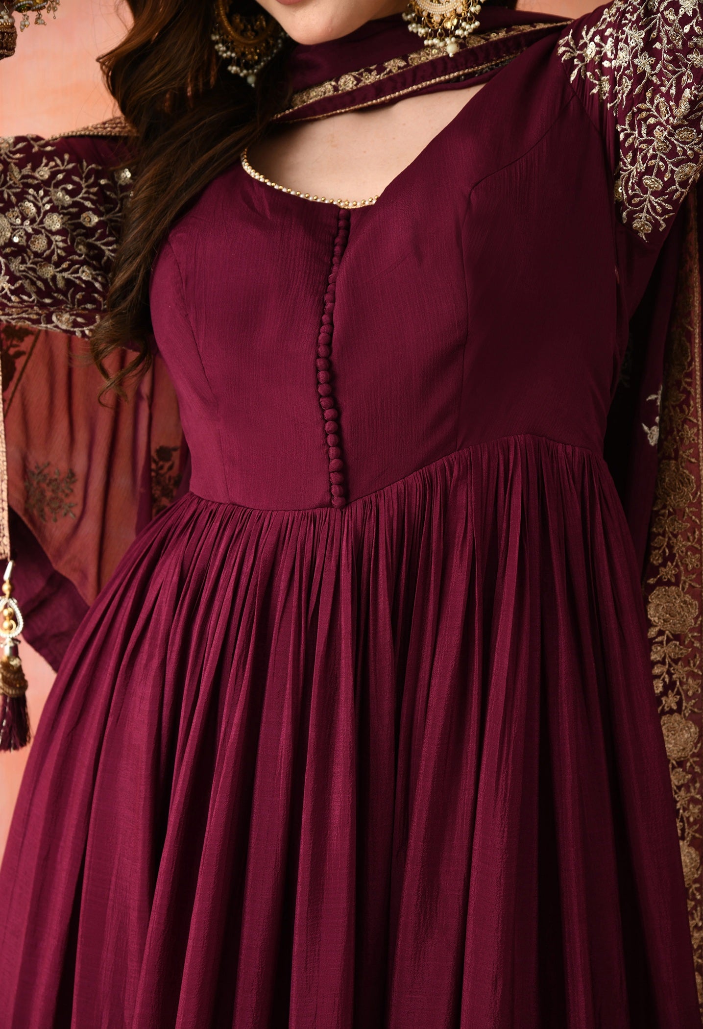 Wine Zardozi Chinon Anarkali Set