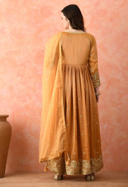 Brown Zardozi Tissue Silk Anarkali Set