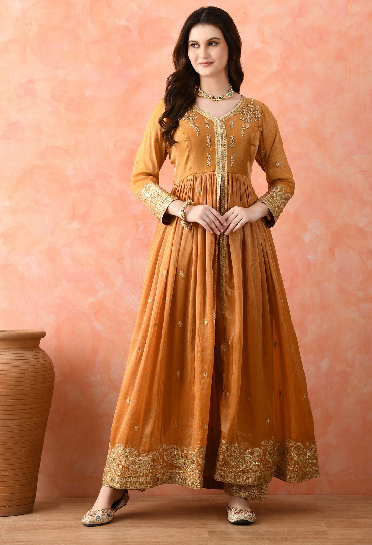 Brown Zardozi Tissue Silk Anarkali Set