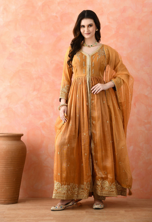 Brown Zardozi Tissue Silk Anarkali Set