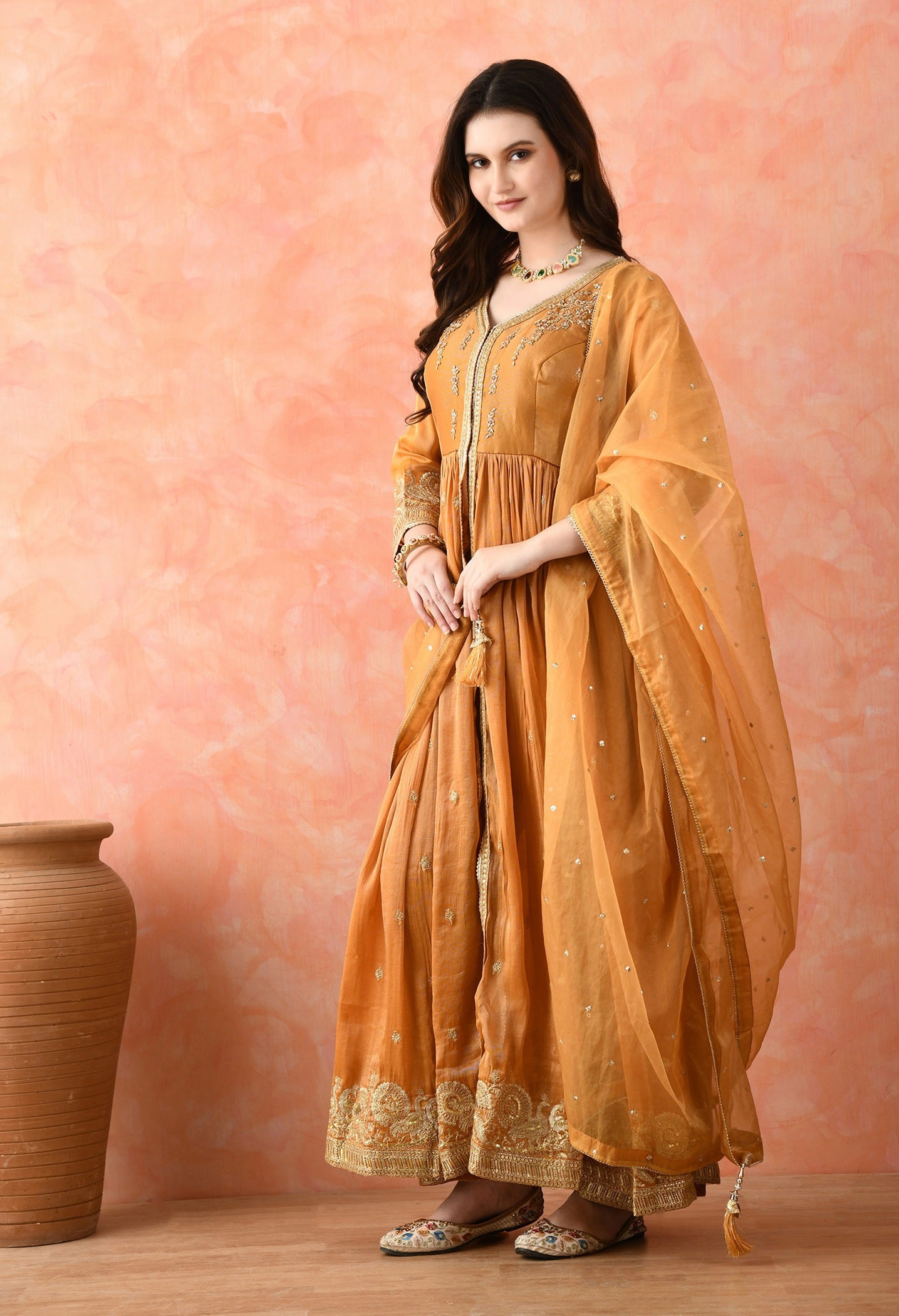 Brown Zardozi Tissue Silk Anarkali Set