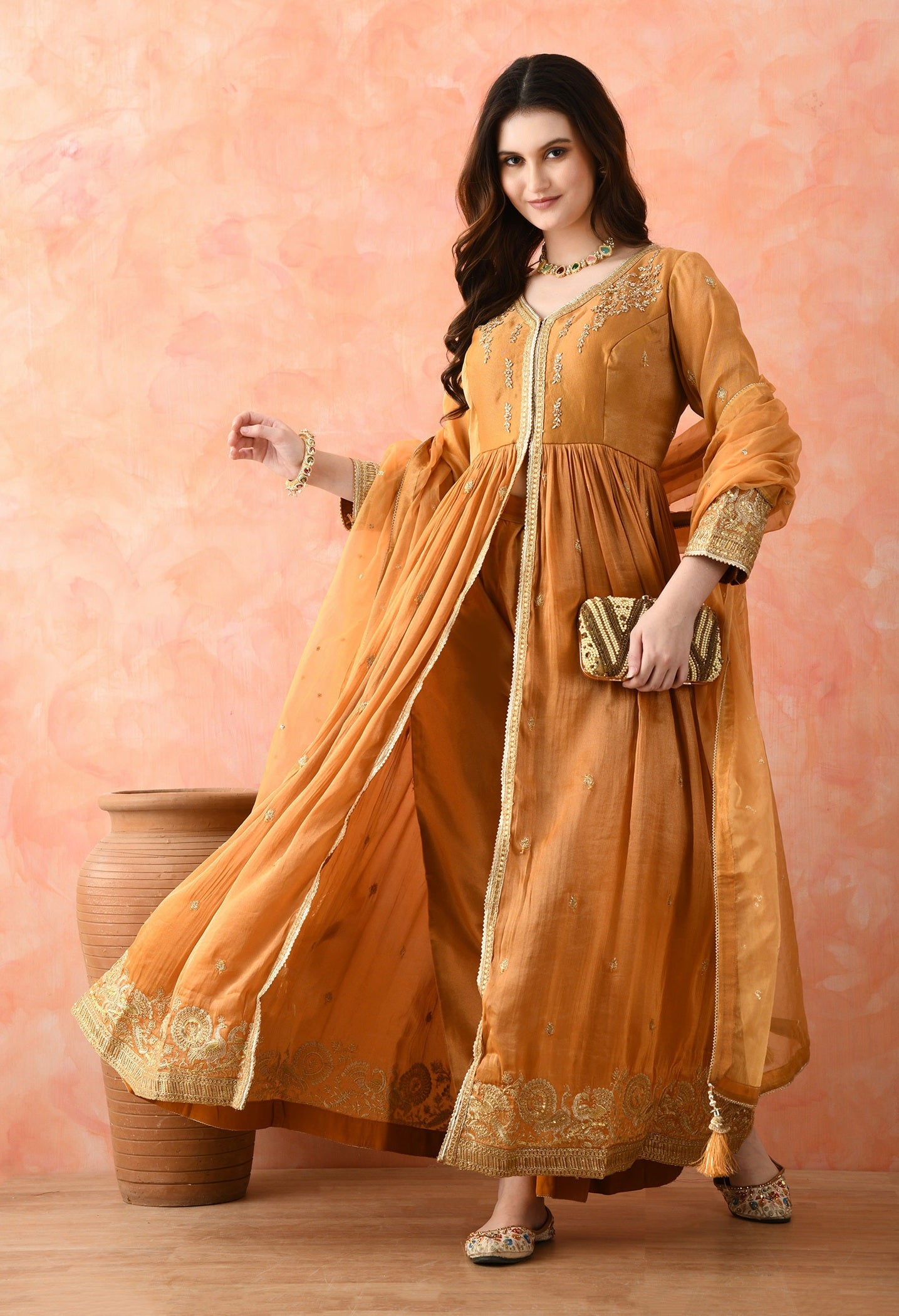 Brown Zardozi Tissue Silk Anarkali Set