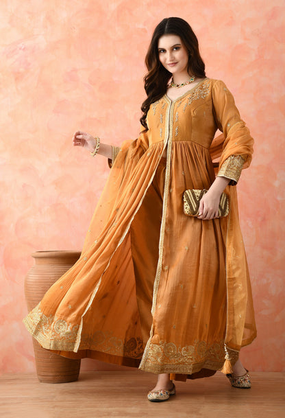 Brown Zardozi Tissue Silk Anarkali Set