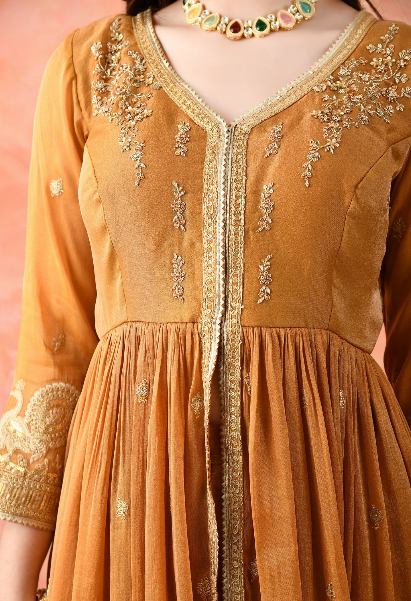 Brown Zardozi Tissue Silk Anarkali Set