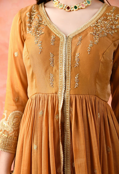 Brown Zardozi Tissue Silk Anarkali Set