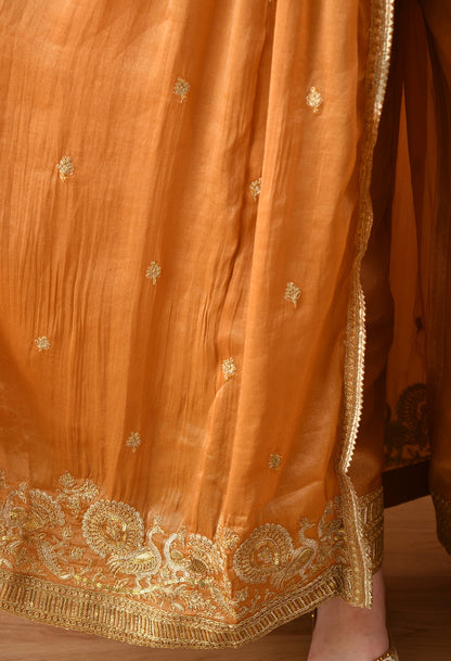 Brown Zardozi Tissue Silk Anarkali Set