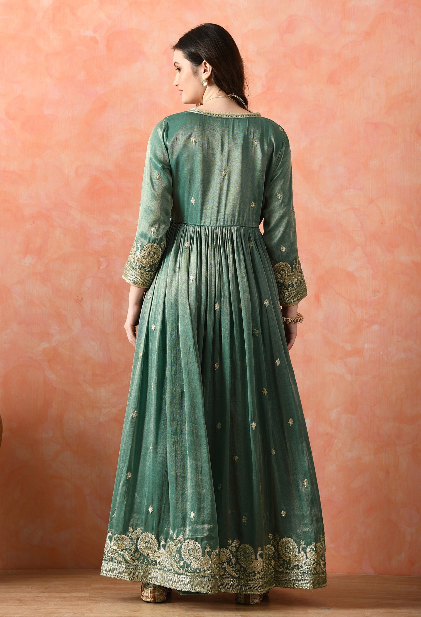 Green Zardozi Tissue Silk Anarkali Set