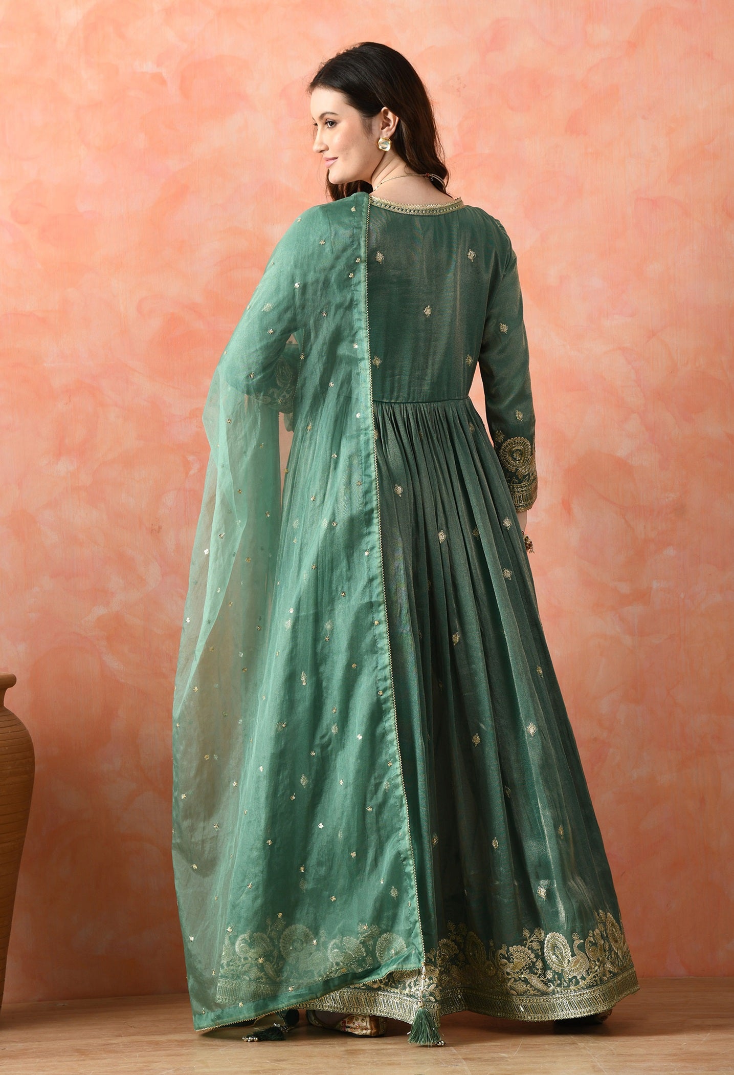 Green Zardozi Tissue Silk Anarkali Set