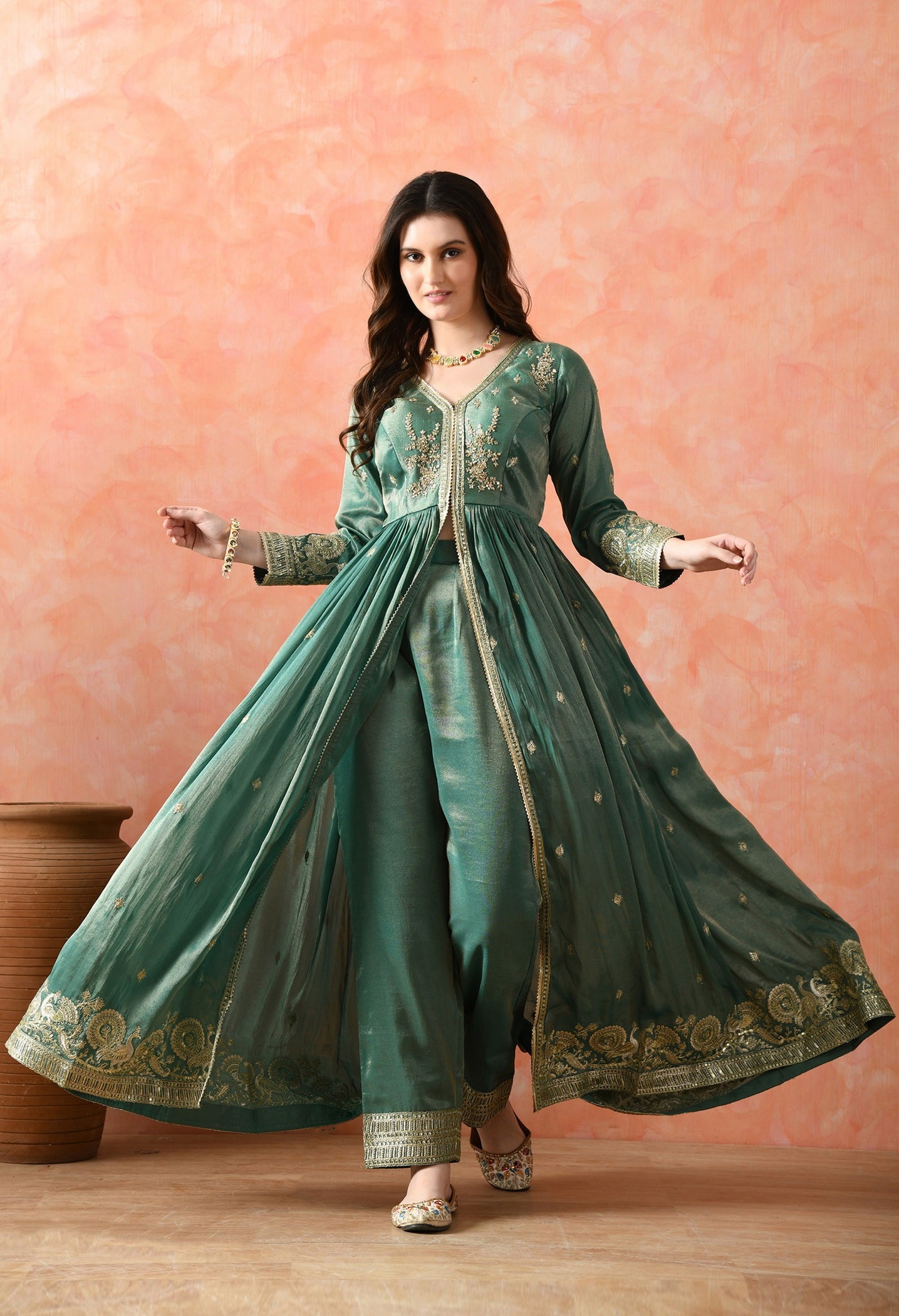 Green Zardozi Tissue Silk Anarkali Set