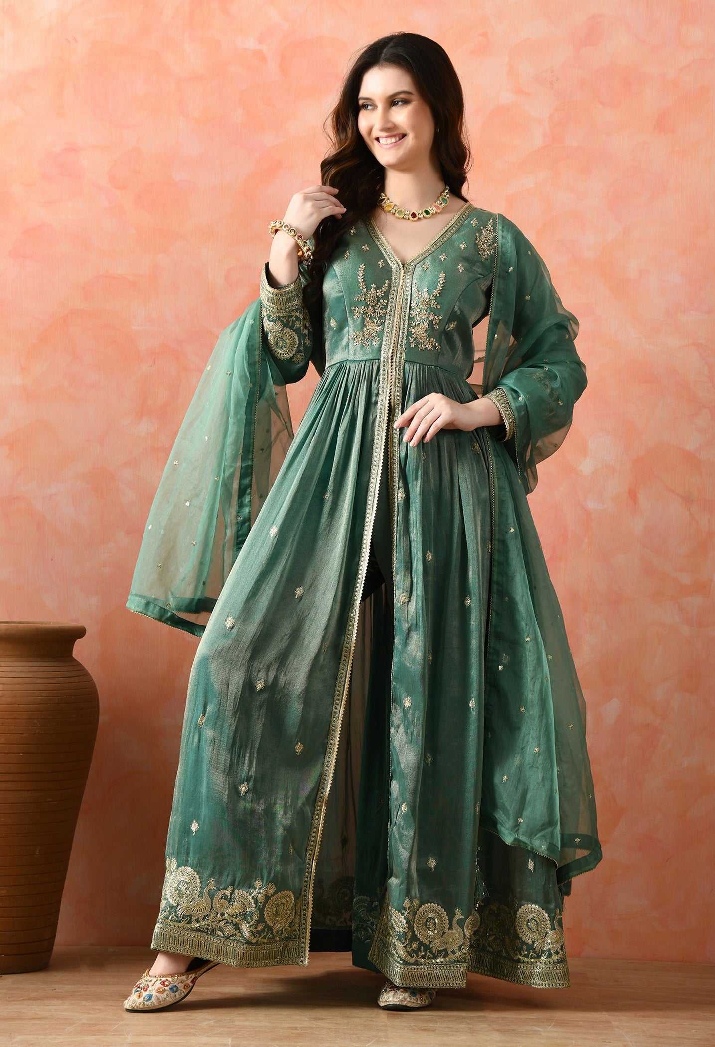 Green Zardozi Tissue Silk Anarkali Set