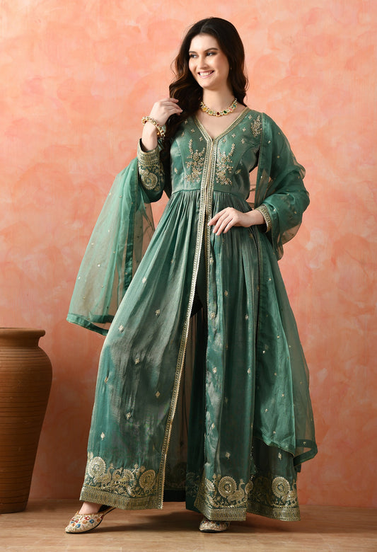 Green Zardozi Tissue Silk Anarkali Set